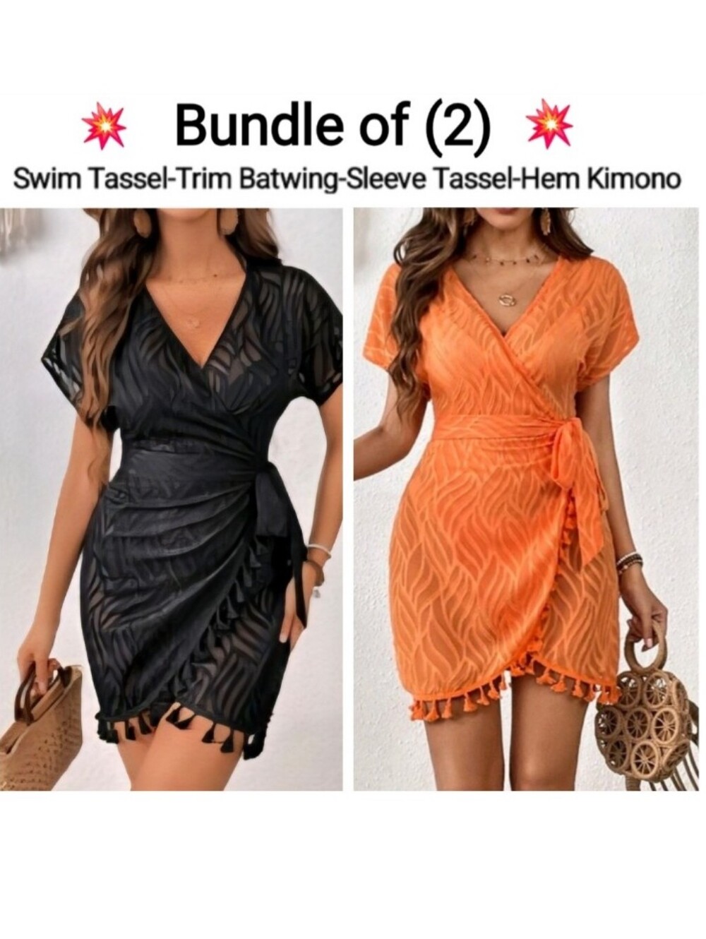 Tassel-Trim Wrap Kimono Dress - Black & Orange Bundle (2) Size XL
